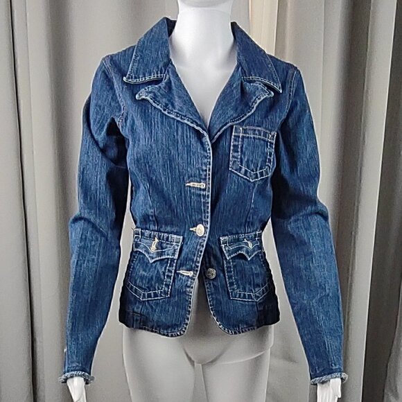 True Religion Jackie Blue Denim Jean Jacket With Raw Hem Sleeves Size Small - Picture 1 of 10